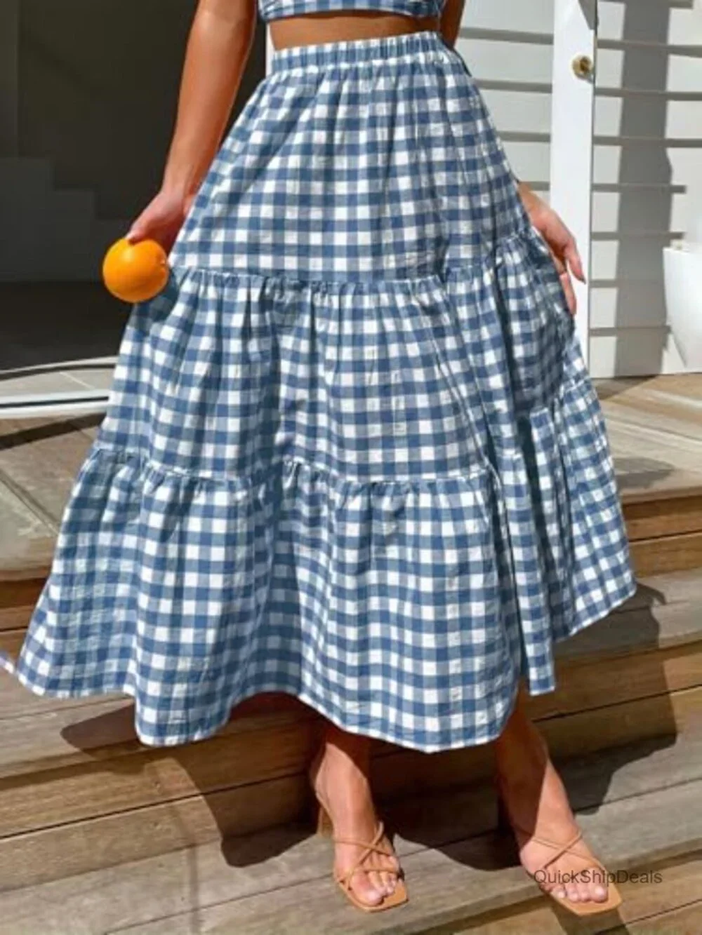 Maxi Skirt Plaid Gingham Cotton Tiered High Waist A-Line with Pockets